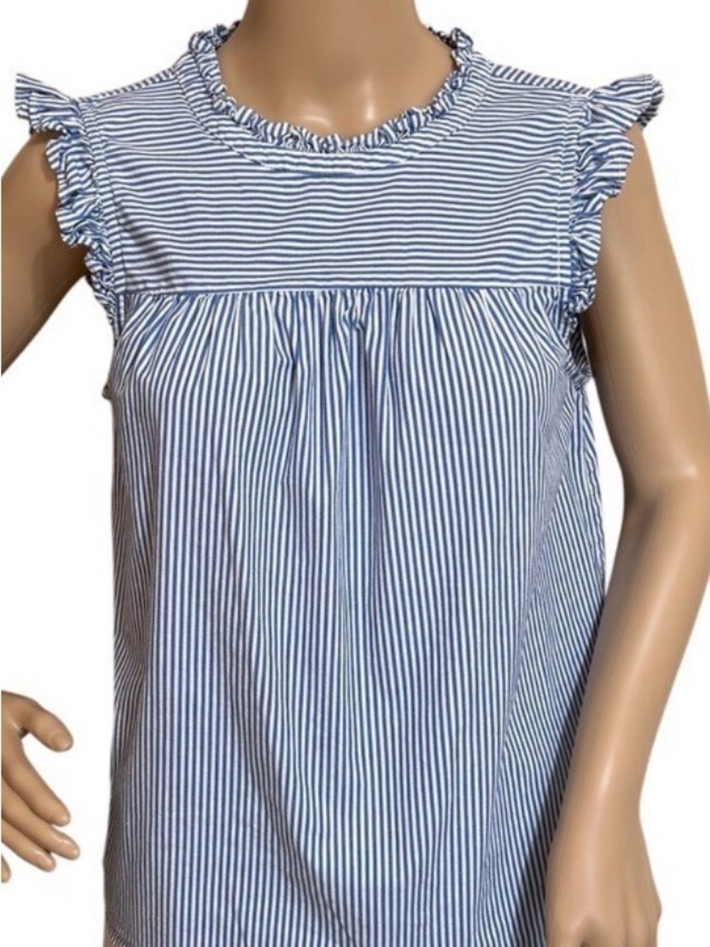 LOFT Blue and White Striped Sleeveless Ruffle Yoke Top size Large